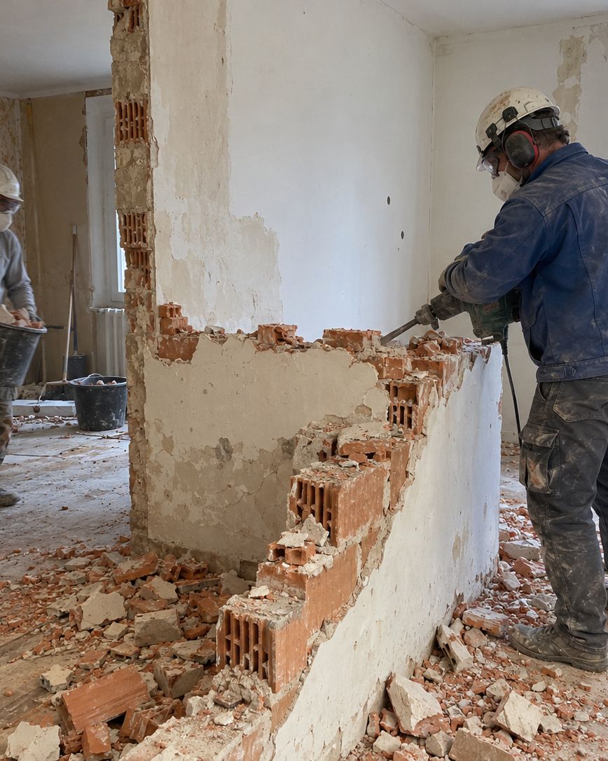 Arbeiter mit Schutzhelm bricht eine gemauerte Wand ab