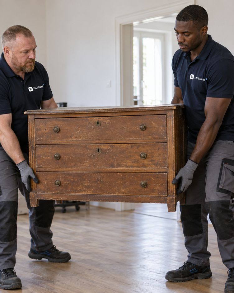 Zwei Helfer tragen eine alte Holzkommode aus einer Wohnung