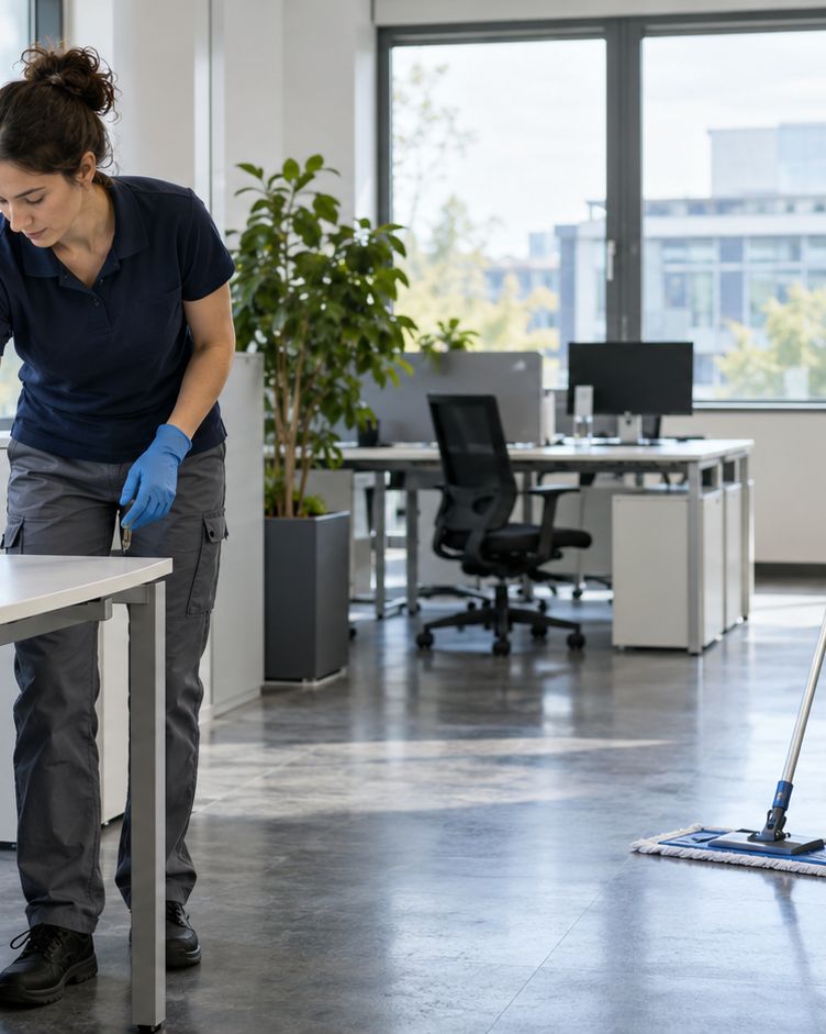 Reinigungskraft wischt den Boden in einem hellen Büro