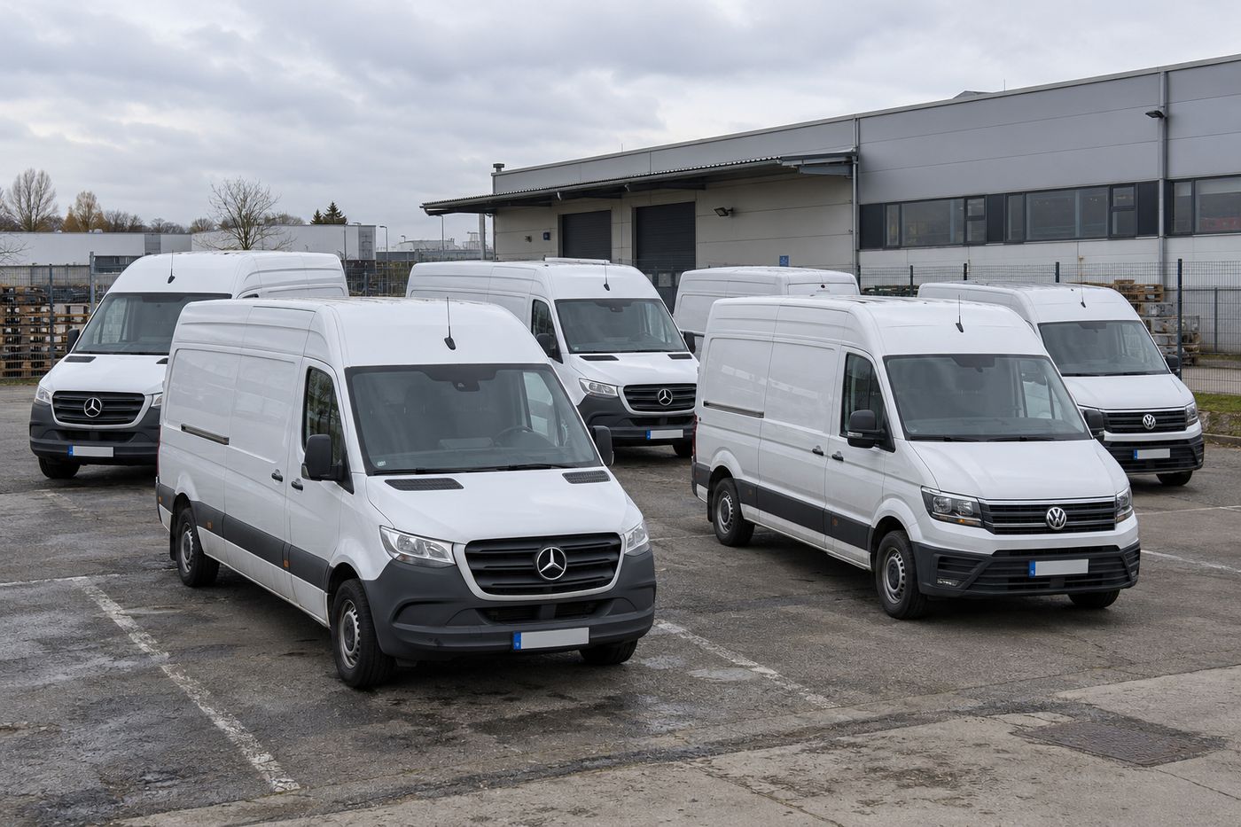 Mehrere weiße Transporter vor einer Lagerhalle